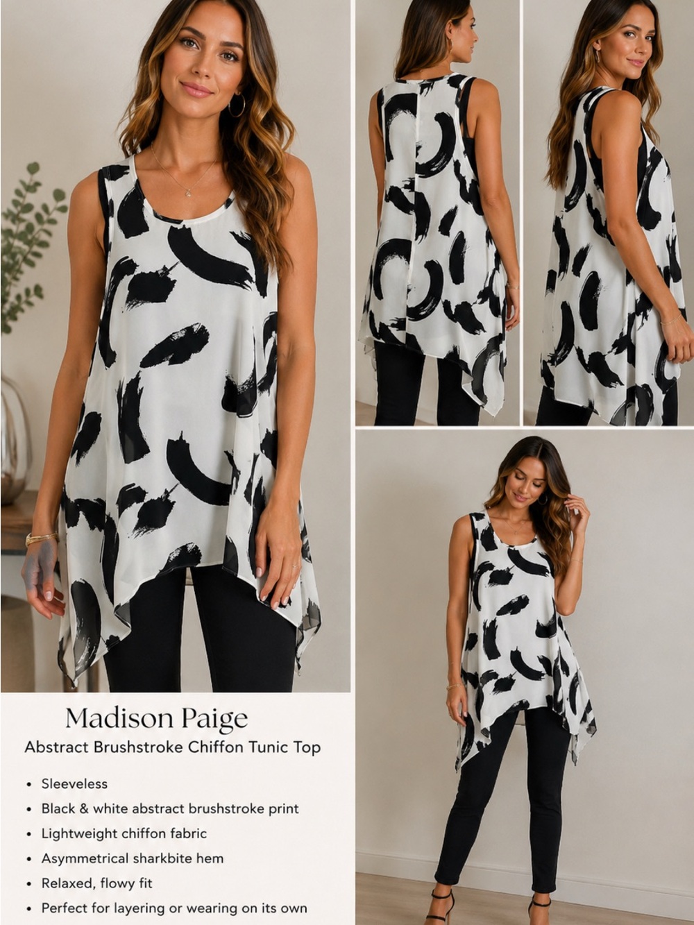 Madison Paige Black White Abstract Brushstroke Chiffon Tunic Top Sharkbite Hem